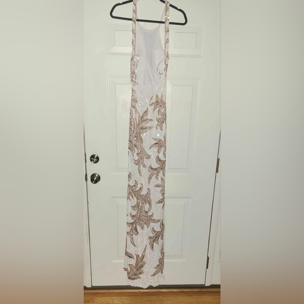 Rachel Allan White Sequin High Neck Gown - Picture 3 of 4